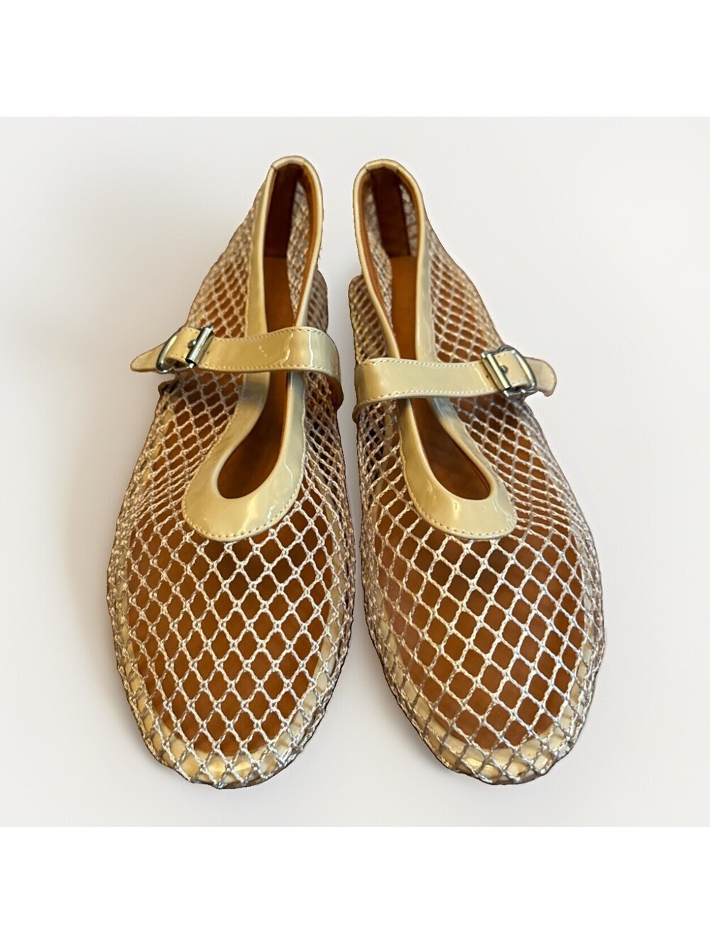 New Beige Mesh Mary Jane Buckle Strap Flats Shoes Ladies Size 10 - Picture 2 of 5